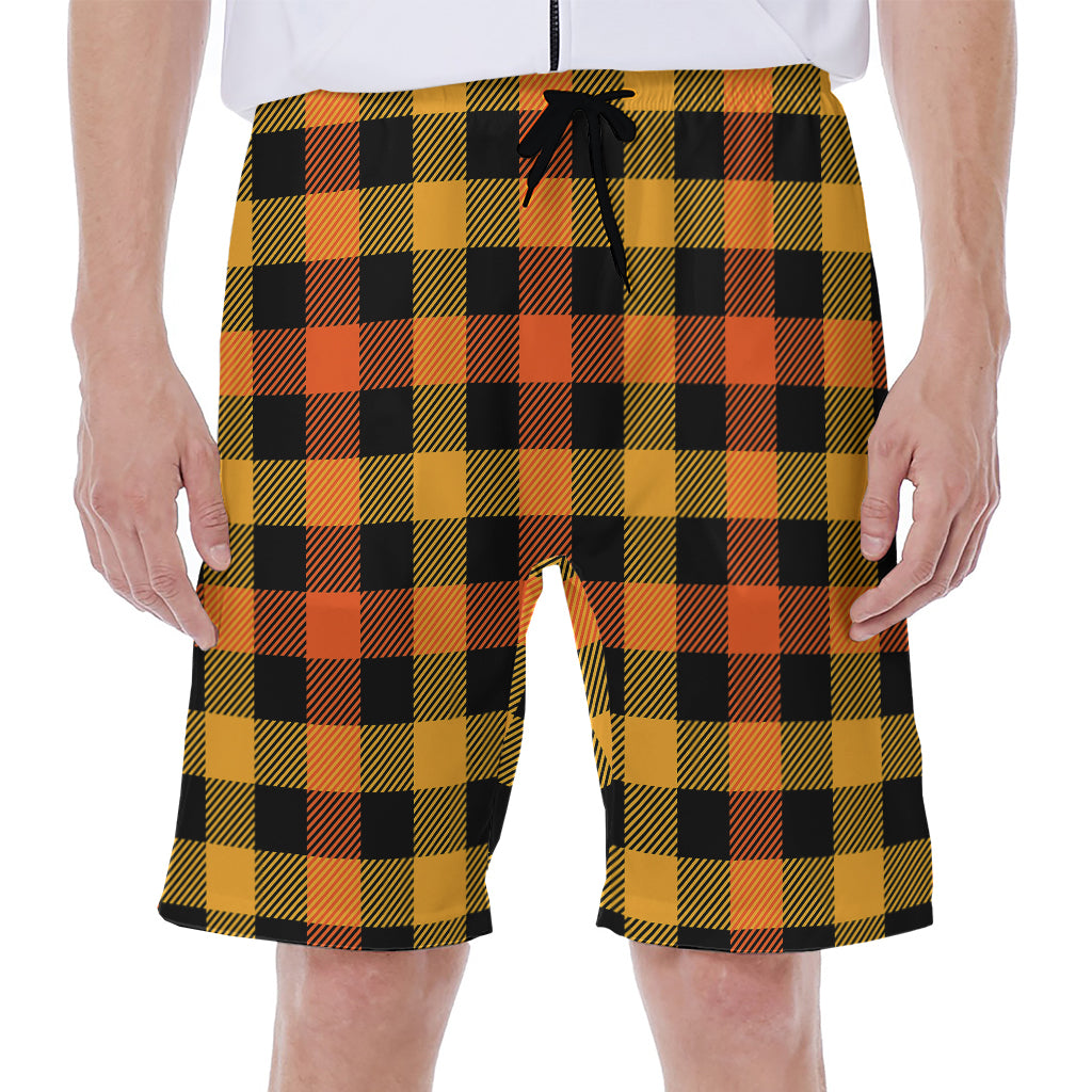 Orange And Black Buffalo Plaid Print Men's Beach Shorts
