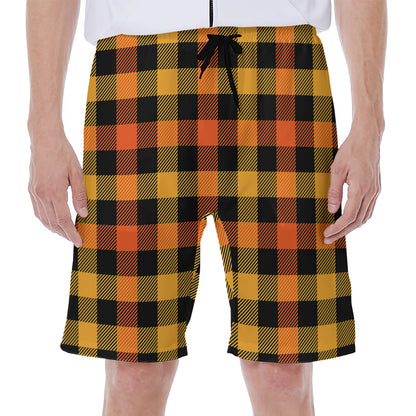 Orange And Black Buffalo Plaid Print Men's Beach Shorts