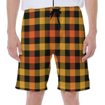 Orange And Black Buffalo Plaid Print Men's Beach Shorts