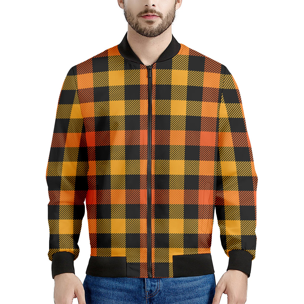 Orange And Black Buffalo Plaid Print Men's Bomber Jacket