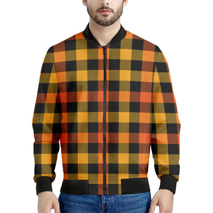 Orange And Black Buffalo Plaid Print Men's Bomber Jacket