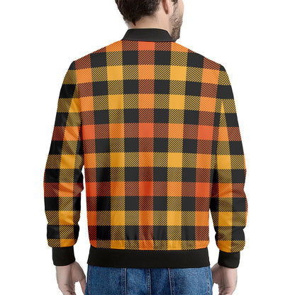 Orange And Black Buffalo Plaid Print Men's Bomber Jacket