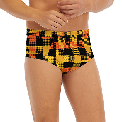 Orange And Black Buffalo Plaid Print Men's Briefs