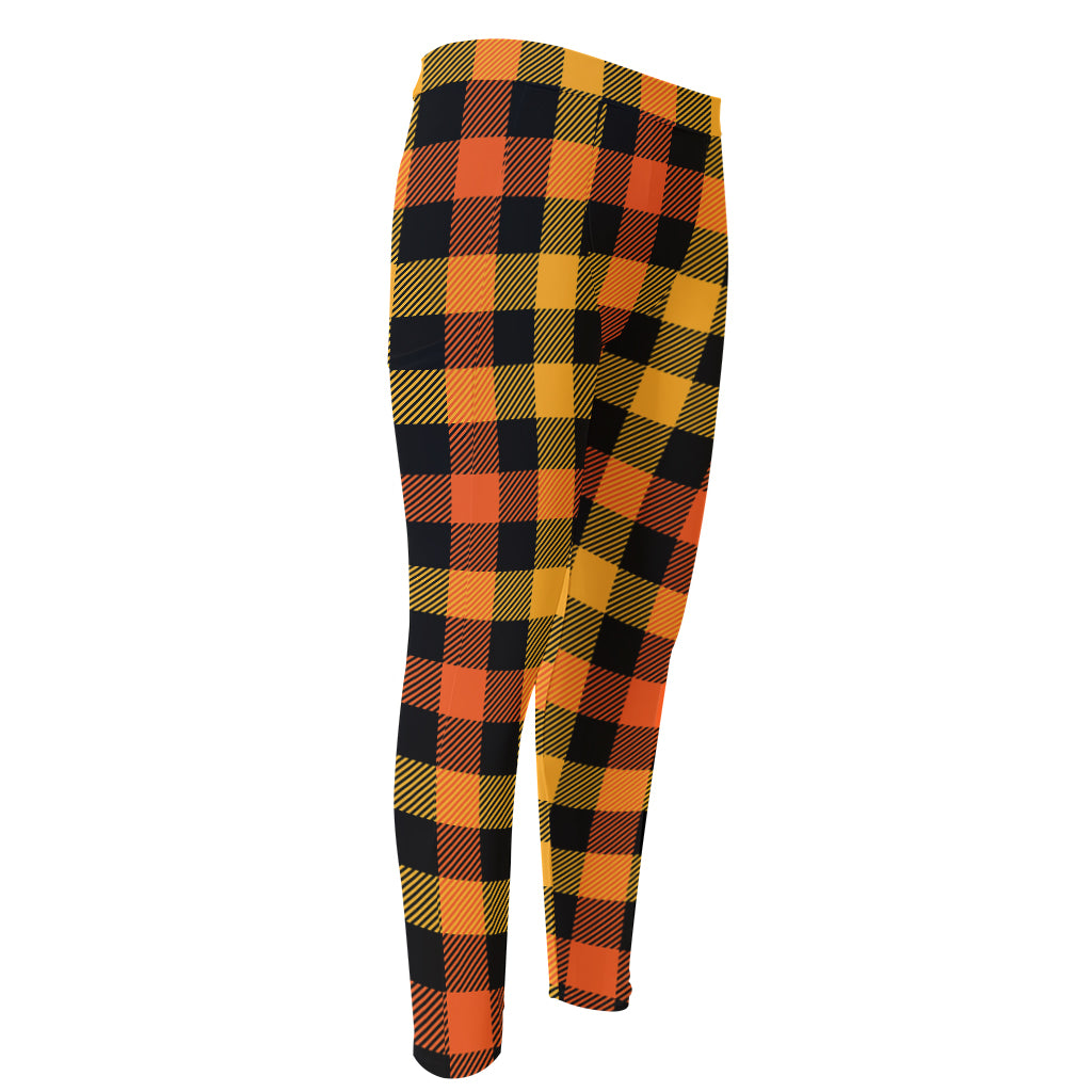 Orange And Black Buffalo Plaid Print Men's Compression Pants
