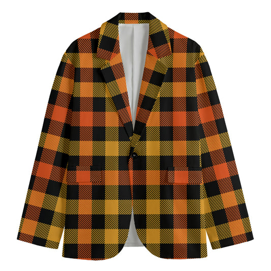 Orange And Black Buffalo Plaid Print Men's Cotton Blazer