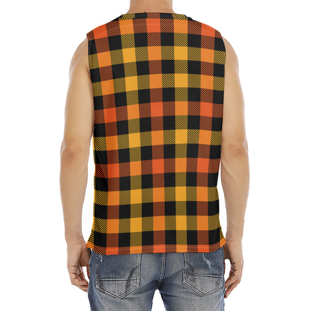 Orange And Black Buffalo Plaid Print Men's Fitness Tank Top