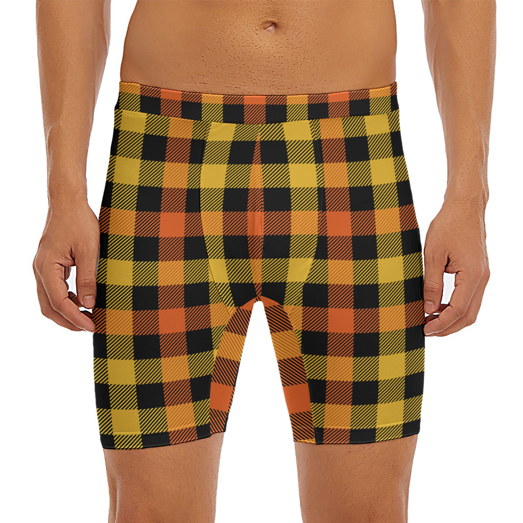 Orange And Black Buffalo Plaid Print Men's Long Boxer Briefs