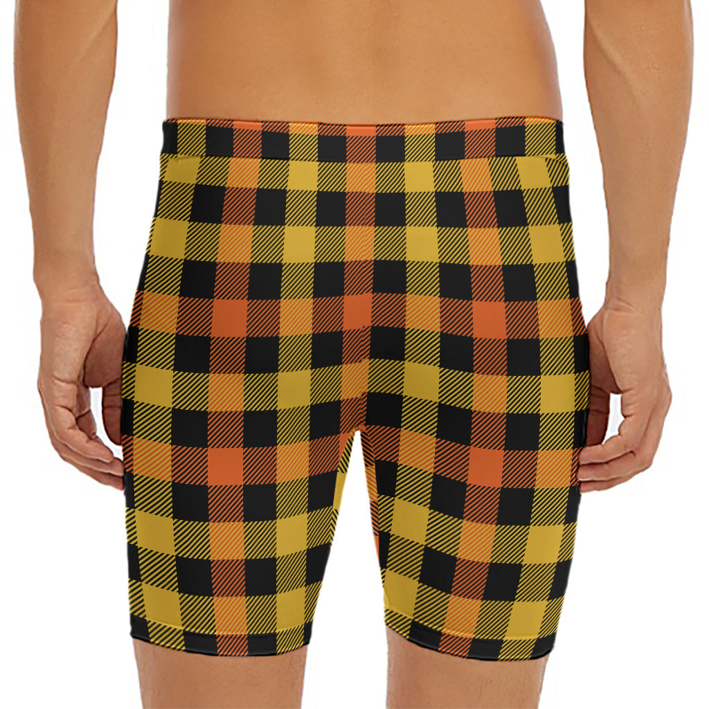 Orange And Black Buffalo Plaid Print Men's Long Boxer Briefs