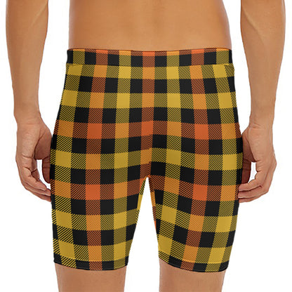 Orange And Black Buffalo Plaid Print Men's Long Boxer Briefs