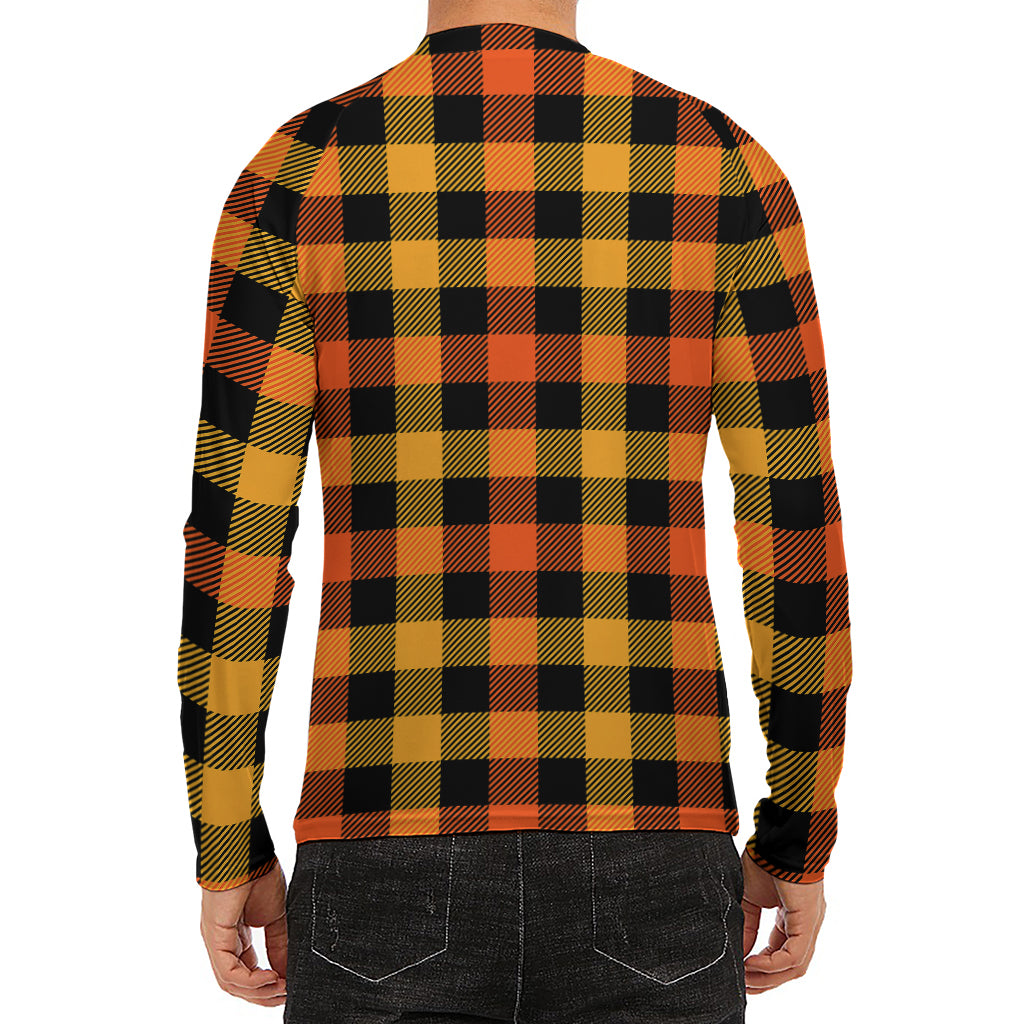 Orange And Black Buffalo Plaid Print Men's Long Sleeve Rash Guard