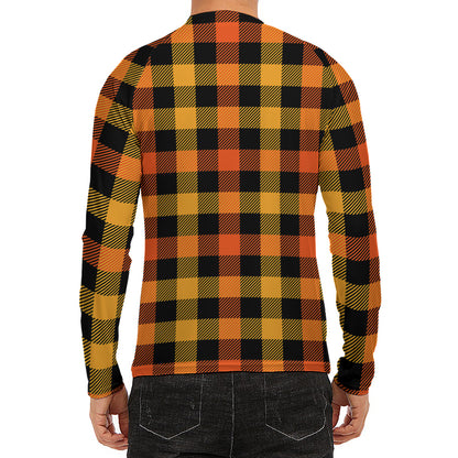Orange And Black Buffalo Plaid Print Men's Long Sleeve Rash Guard