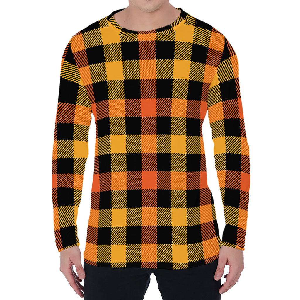 Orange And Black Buffalo Plaid Print Men's Long Sleeve T-Shirt
