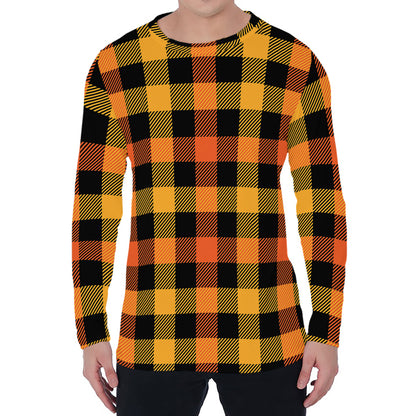 Orange And Black Buffalo Plaid Print Men's Long Sleeve T-Shirt