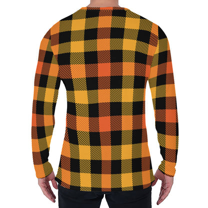 Orange And Black Buffalo Plaid Print Men's Long Sleeve T-Shirt