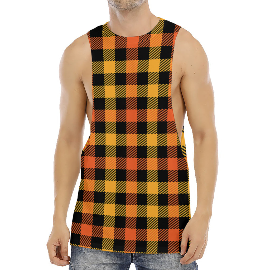 Orange And Black Buffalo Plaid Print Men's Muscle Tank Top