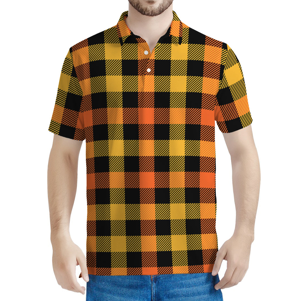 Orange And Black Buffalo Plaid Print Men's Polo Shirt