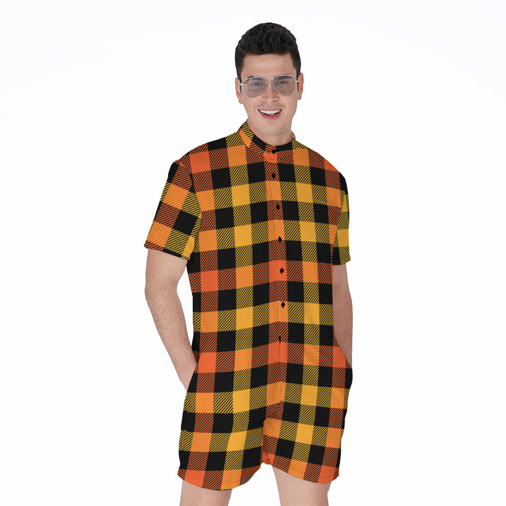 Orange And Black Buffalo Plaid Print Men's Rompers