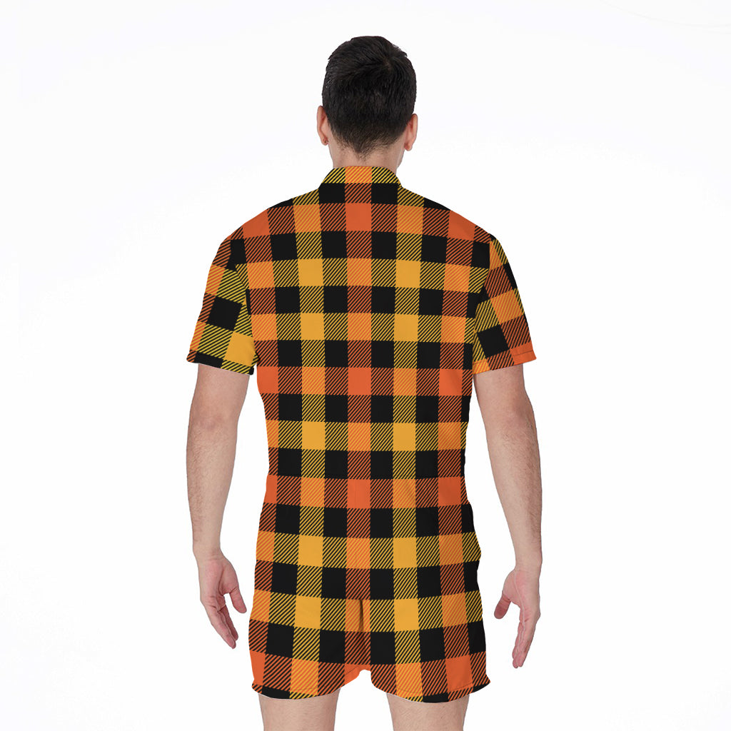 Orange And Black Buffalo Plaid Print Men's Rompers