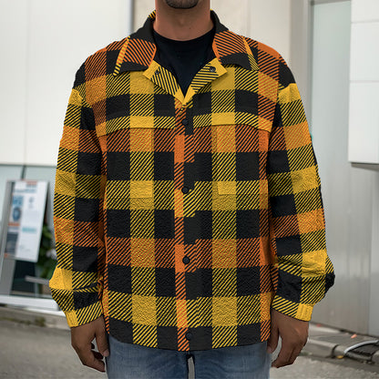 Orange And Black Buffalo Plaid Print Men's Shirt Jacket