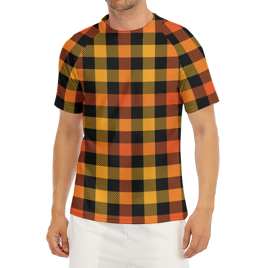 Orange And Black Buffalo Plaid Print Men's Short Sleeve Rash Guard