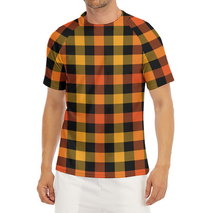 Orange And Black Buffalo Plaid Print Men's Short Sleeve Rash Guard