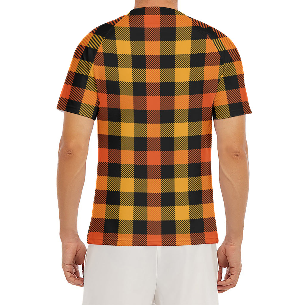 Orange And Black Buffalo Plaid Print Men's Short Sleeve Rash Guard