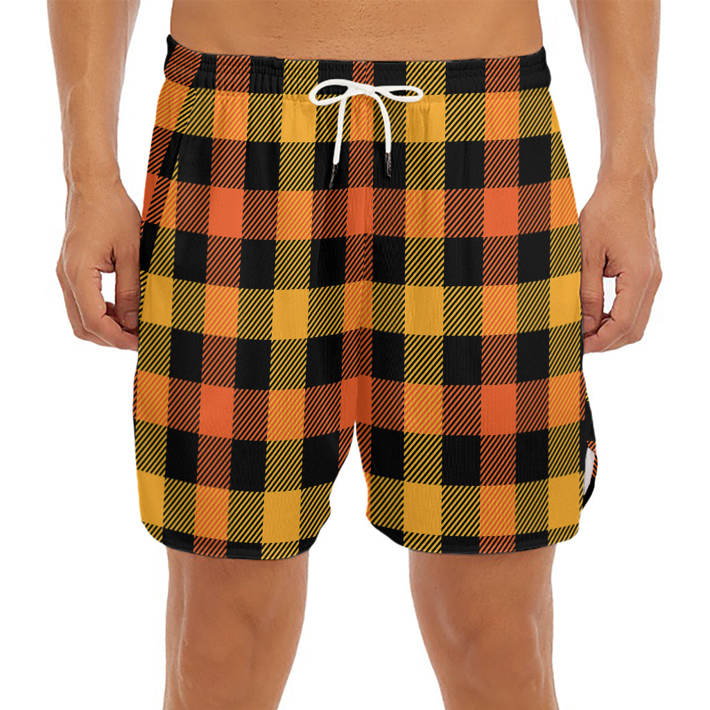 Orange And Black Buffalo Plaid Print Men's Split Running Shorts