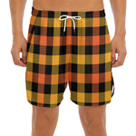 Orange And Black Buffalo Plaid Print Men's Split Running Shorts