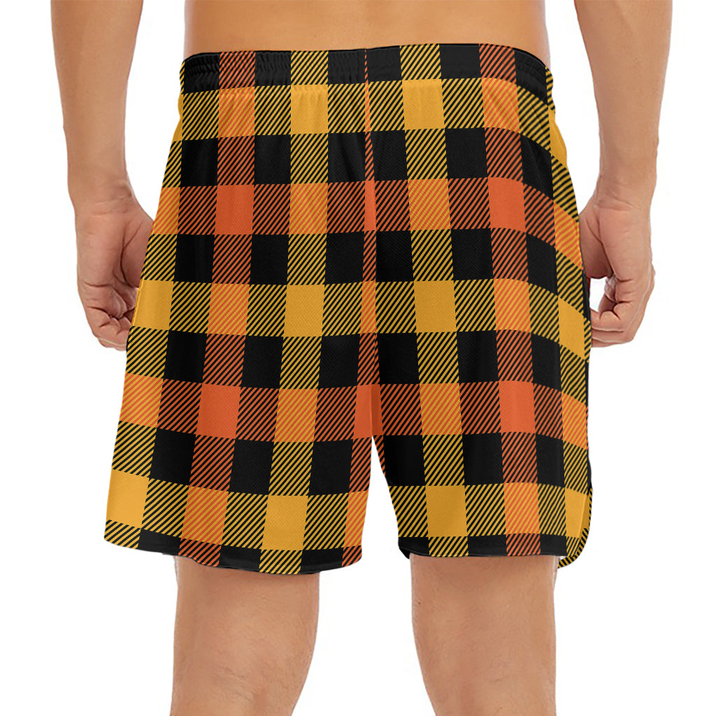 Orange And Black Buffalo Plaid Print Men's Split Running Shorts