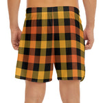 Orange And Black Buffalo Plaid Print Men's Split Running Shorts