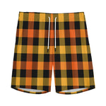 Orange And Black Buffalo Plaid Print Men's Sports Shorts