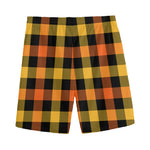 Orange And Black Buffalo Plaid Print Men's Sports Shorts