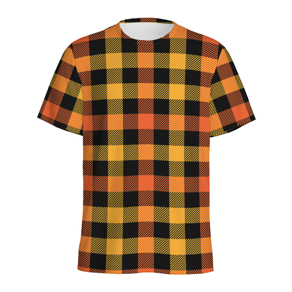 Orange And Black Buffalo Plaid Print Men's Sports T-Shirt