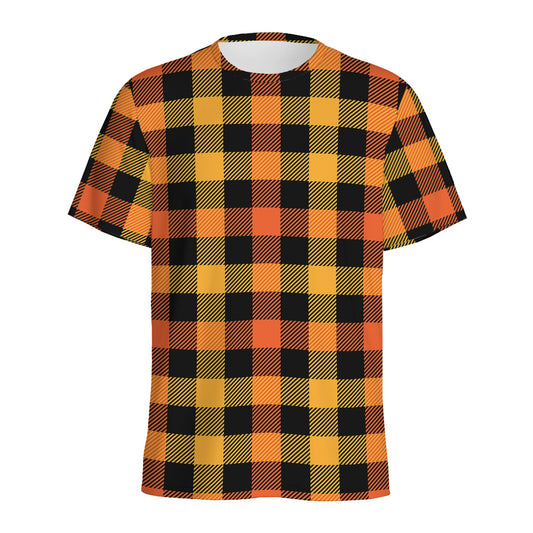 Orange And Black Buffalo Plaid Print Men's Sports T-Shirt