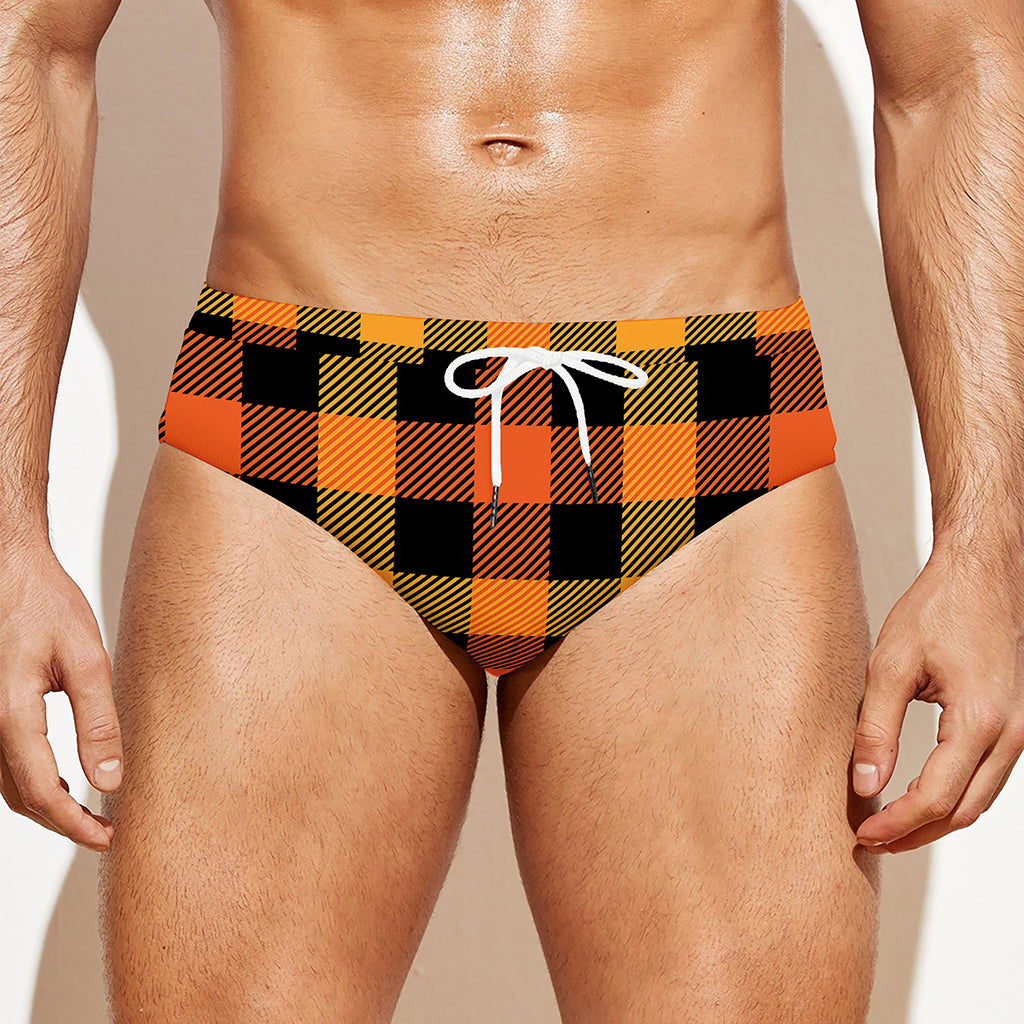 Orange And Black Buffalo Plaid Print Men's Swim Briefs