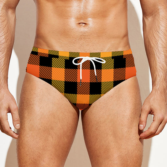 Orange And Black Buffalo Plaid Print Men's Swim Briefs