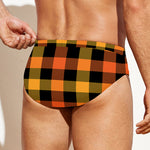 Orange And Black Buffalo Plaid Print Men's Swim Briefs