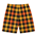 Orange And Black Buffalo Plaid Print Men's Swim Trunks