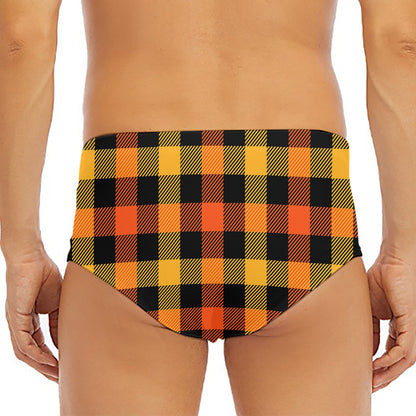 Orange And Black Buffalo Plaid Print Men's Triangle Swim Briefs