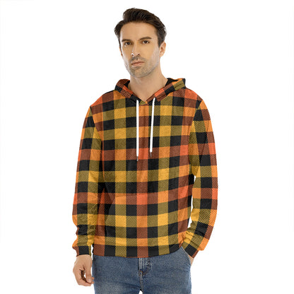 Orange And Black Buffalo Plaid Print Men's Velvet Pullover Hoodie