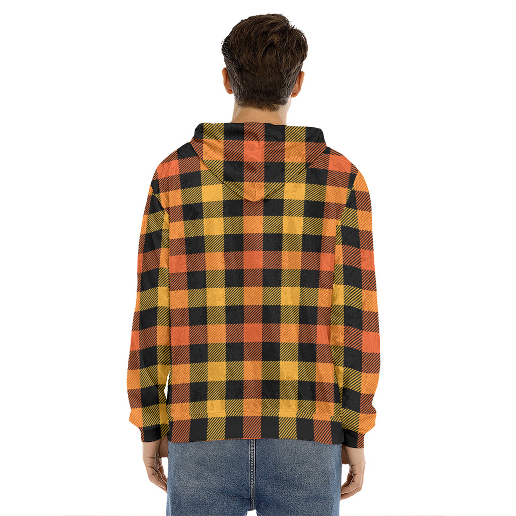 Orange And Black Buffalo Plaid Print Men's Velvet Pullover Hoodie