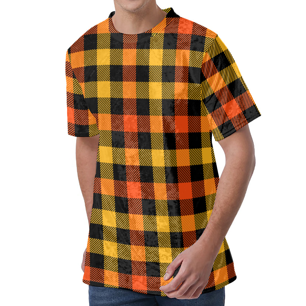 Orange And Black Buffalo Plaid Print Men's Velvet T-Shirt