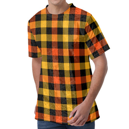 Orange And Black Buffalo Plaid Print Men's Velvet T-Shirt