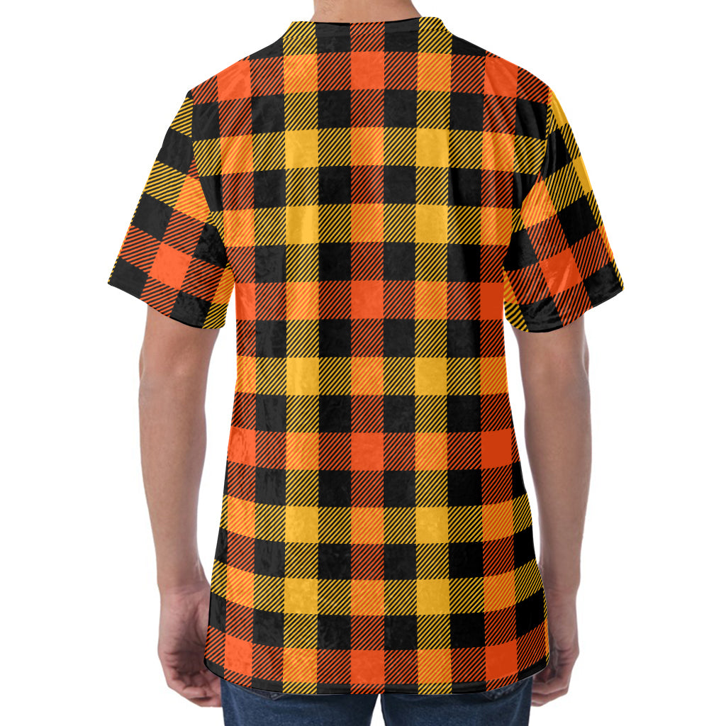 Orange And Black Buffalo Plaid Print Men's Velvet T-Shirt