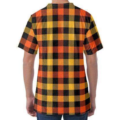 Orange And Black Buffalo Plaid Print Men's Velvet T-Shirt