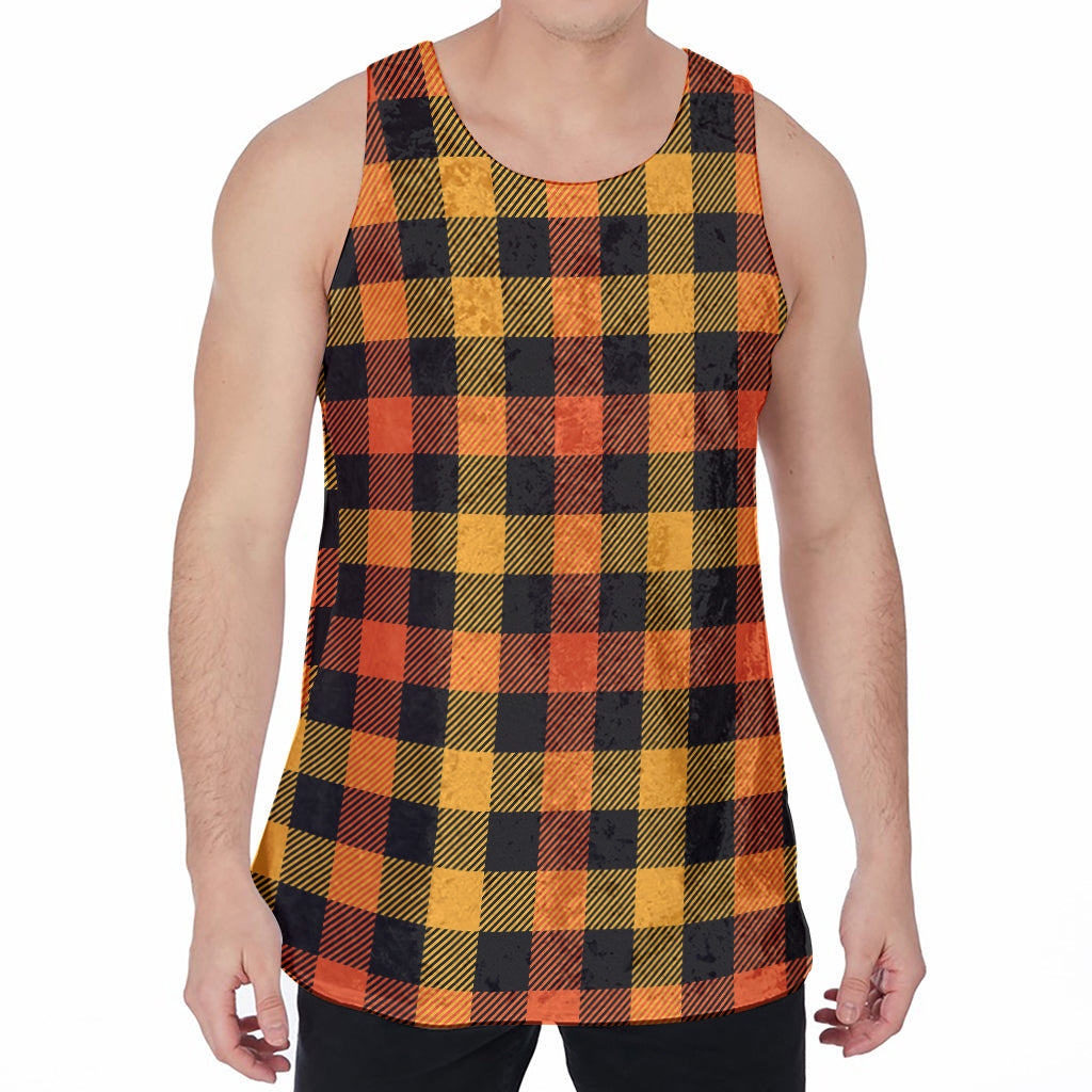 Orange And Black Buffalo Plaid Print Men's Velvet Tank Top