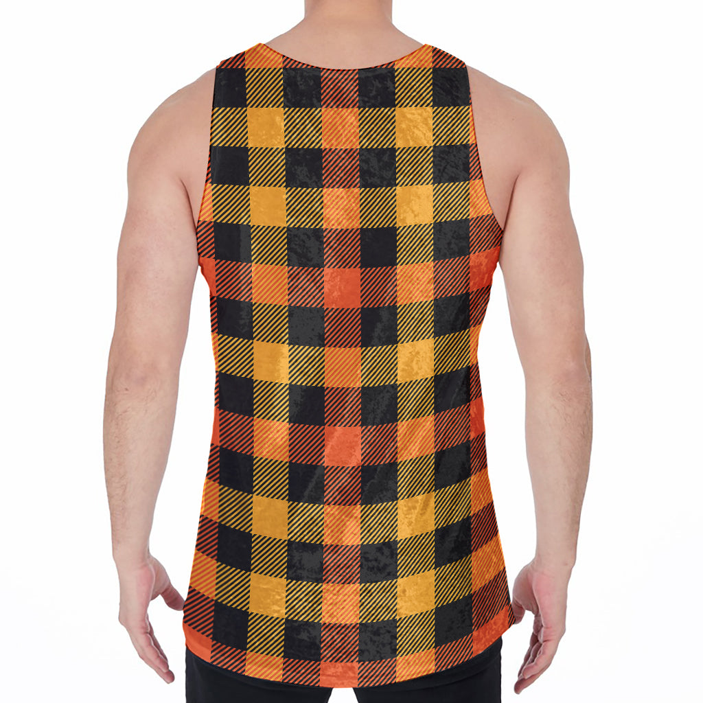 Orange And Black Buffalo Plaid Print Men's Velvet Tank Top