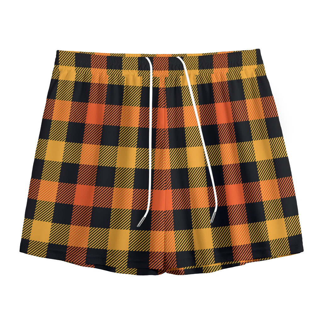 Orange And Black Buffalo Plaid Print Mesh Shorts