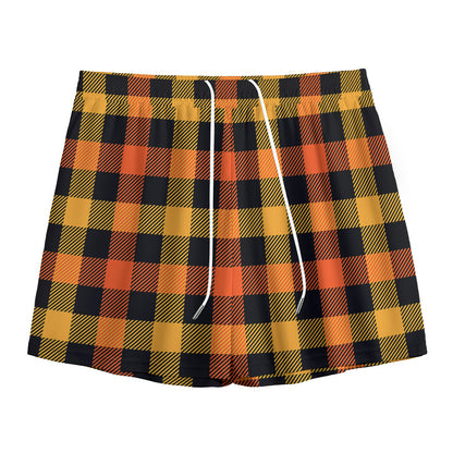 Orange And Black Buffalo Plaid Print Mesh Shorts