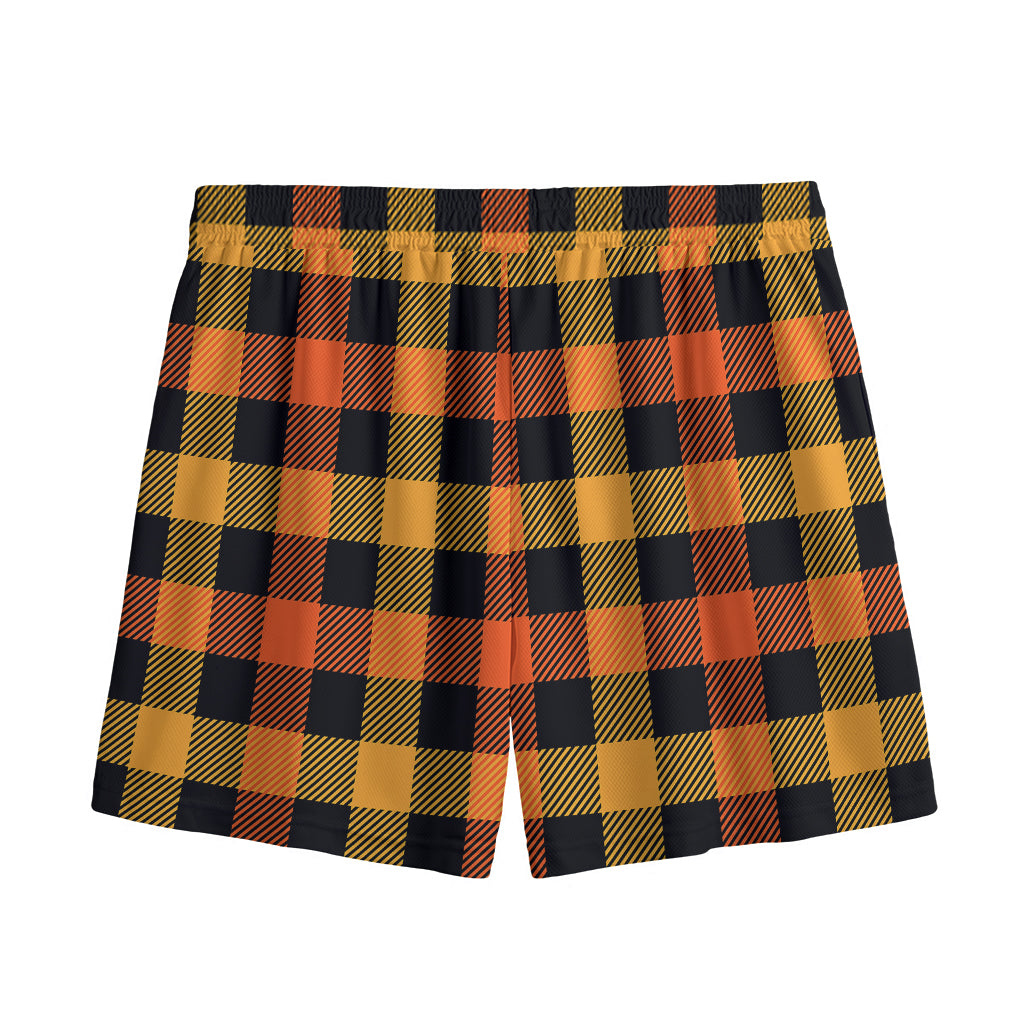 Orange And Black Buffalo Plaid Print Mesh Shorts